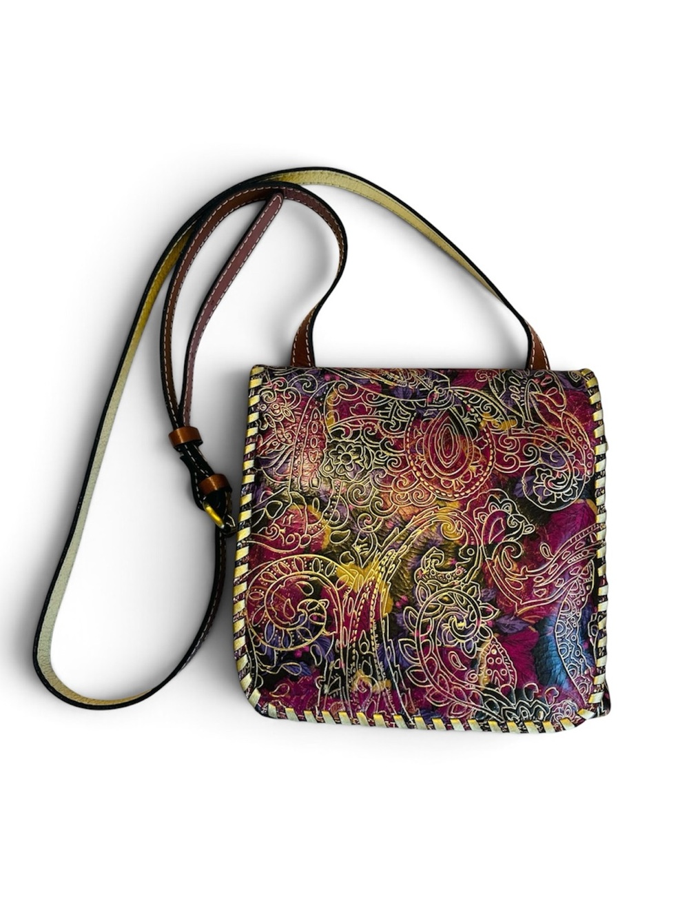 Patricia Nash Granada Gold Metallic Crossbody Bag Leather Paisley Jewel Tone EUC
